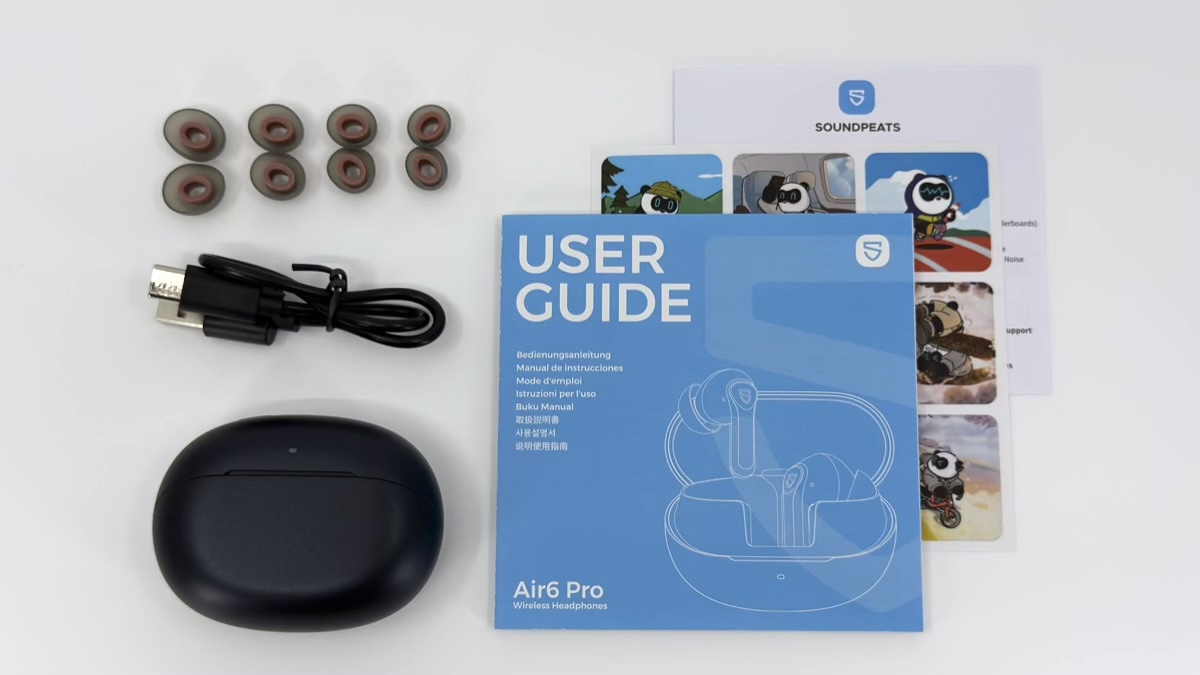 SOUNDPEATS Air6 Proの充電ケース、イヤーチップ、充電ケーブル、ユーザーガイド、アプリガイド、ステッカー