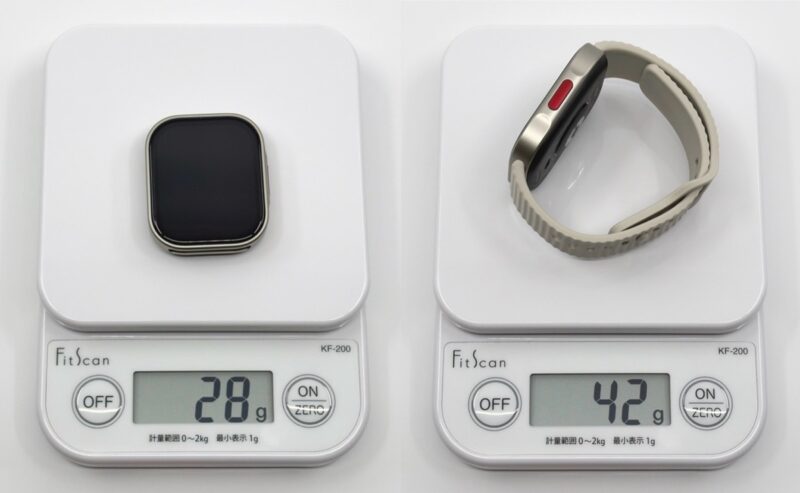 REDMI Watch 6 Liteを秤に載せた写真。左の本体のみは28g、右のストラップ付きは42gと表示