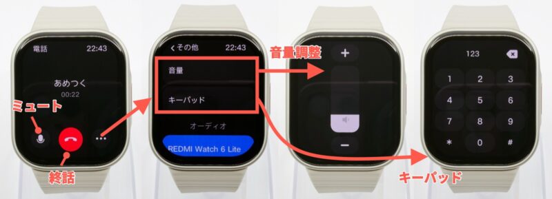 REDMI Watch 6 Liteで通話中に使えるミュート、終話、音量調整、キーパッドの番号入力