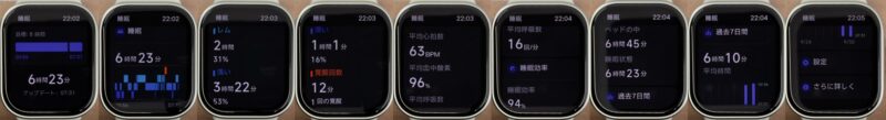 REDMI Watch 6 Liteの睡眠記録。睡眠時間と段階、睡眠中の各指標、睡眠効率、過去7日間の表示